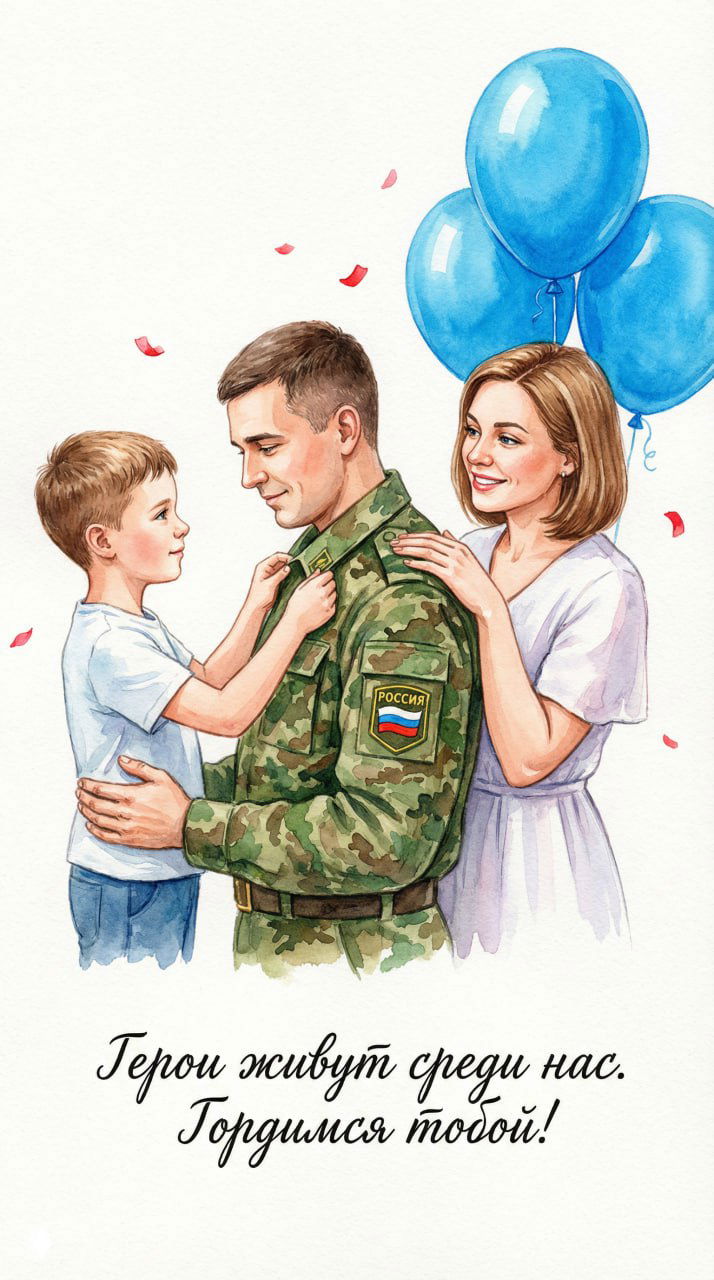 Акварель: семья обнимает солдата, мальчик и женщина с шариками, пастельные тона и лёгкие крапления краски — открытка про гордость и близких.