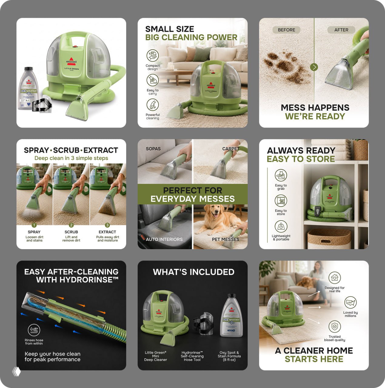 Композит из A+ контента для зелёного BISSELL Little Green Mini: lifestyle-сцены до/после чистки ковра, комплект аксессуаров и демонстрация использования в домашних условиях.
