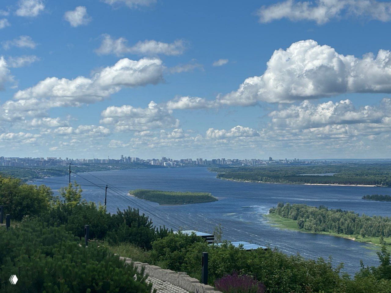 Панорамный вид Волги с островом и далёким силуэтом города на горизонте, широкая водная гладь, рельеф и рассеянные облака над рекой.