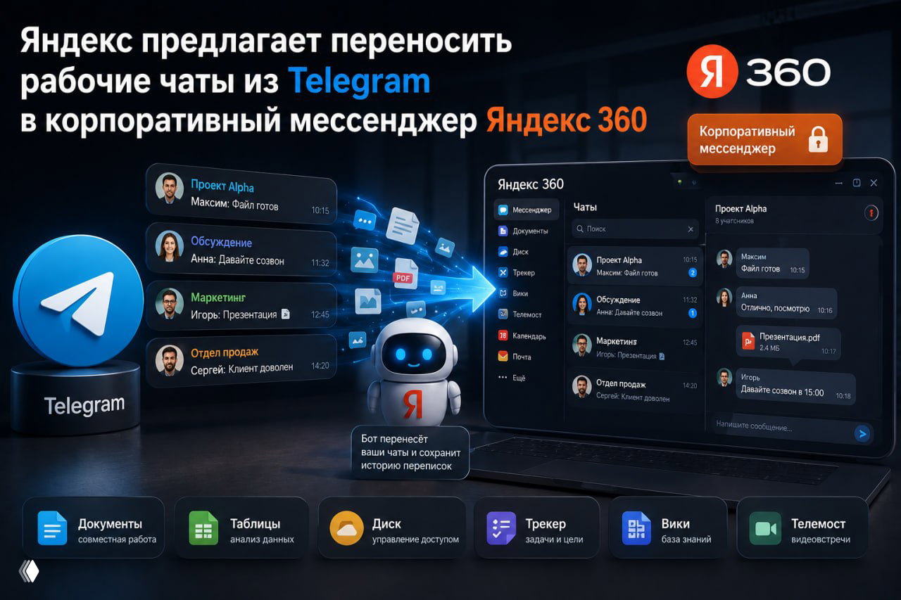 Иллюстрация промо: интерфейс Яндекс 360 и логотип Telegram с визуализацией миграции — бот‑робот, стрелка передачи, панели чатов и иконки документов и сервисов на тёмном фоне