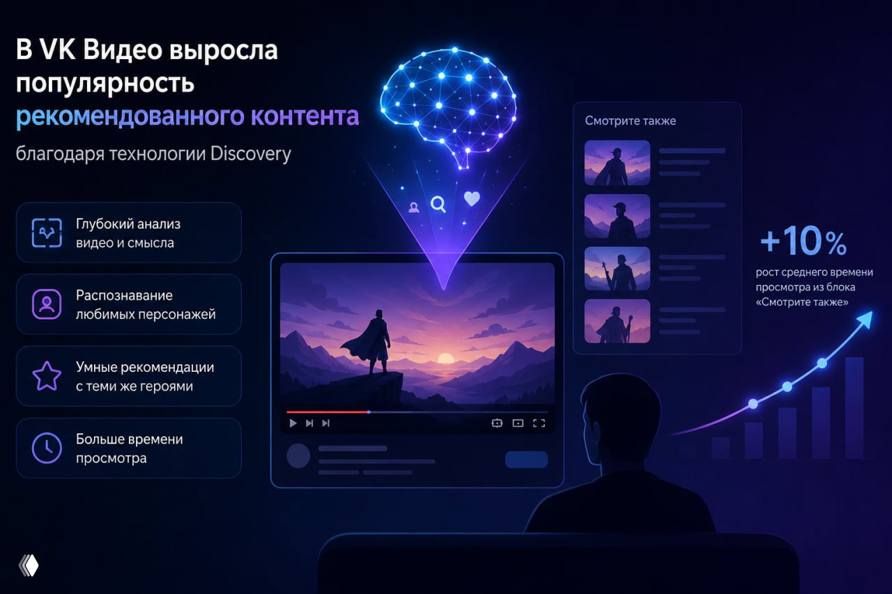 Инфографика: экран видеоплеера, над ним схематичный нейросетевой мозг и блок "Смотрите также" справа; указано +10% рост среднего времени просмотра.