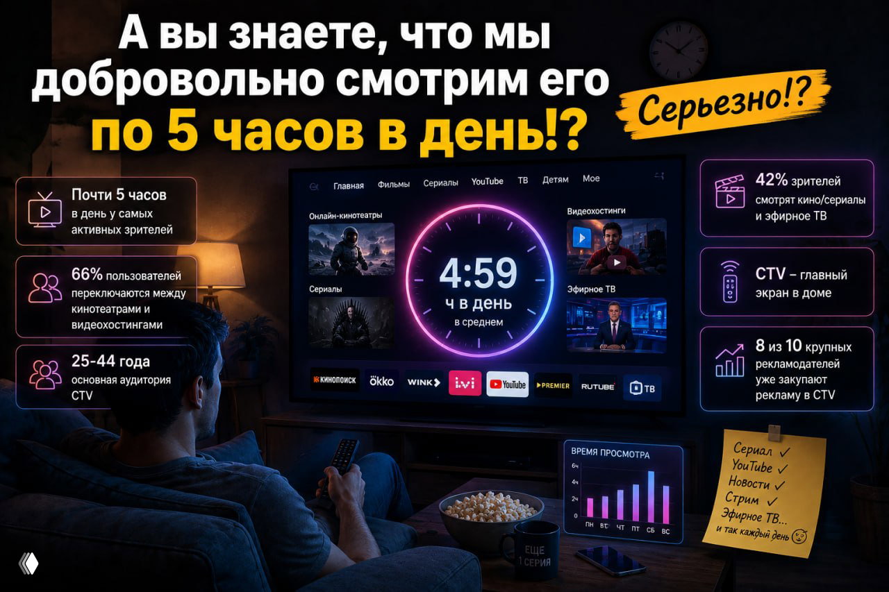 Человек на диване с пультом перед Smart TV; на экране инфографика Яндекса с данными о среднем времени просмотра 4–5 часов в день и метриками CTV.
