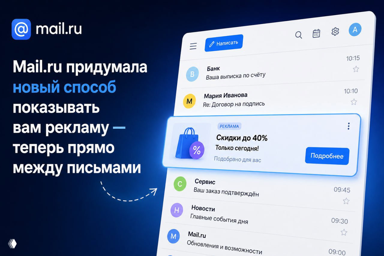 Mail.ru: реклама теперь показывается между письмами