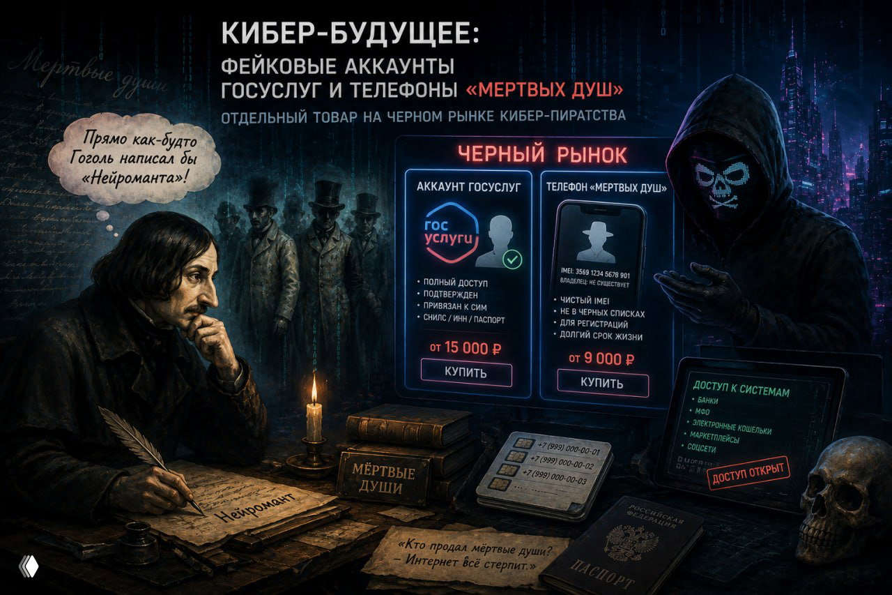 Атмосферная иллюстрация: Гоголь за письмом «Нейроманта» на фоне образов «мертвых душ» и черного рынка кибер-пиратства с предложениями фейковых аккаунтов и телефонов.