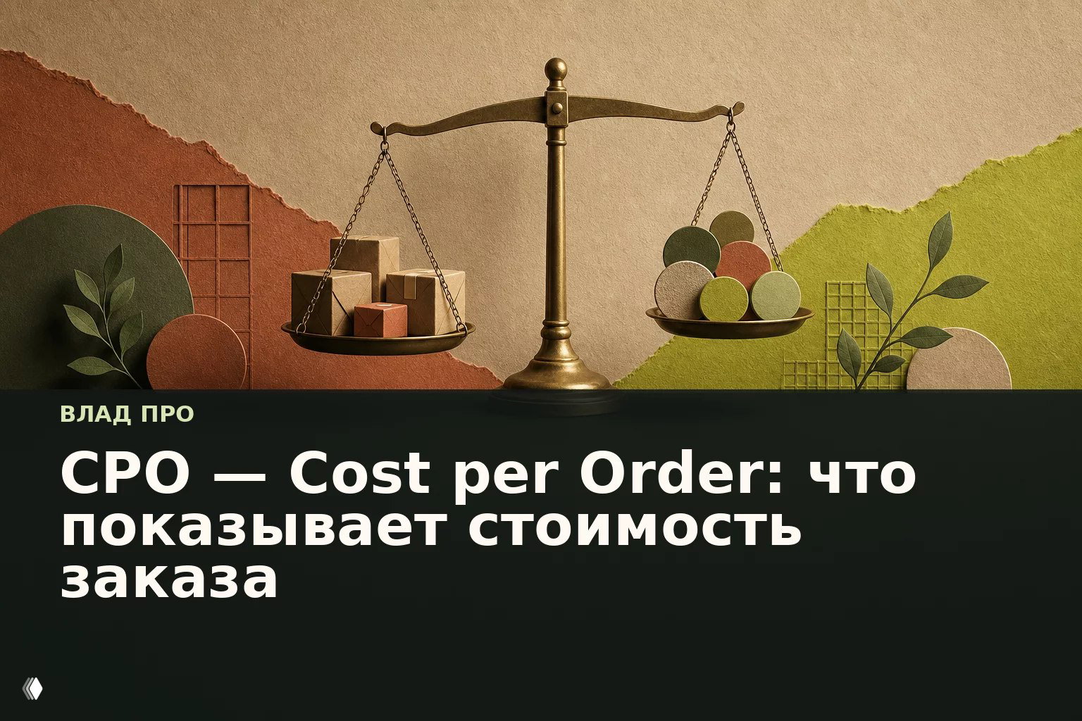 Стилизованная иллюстрация: декоративные весы с коробками на одной чаше и круглыми объектами на другой, бумажный фон и крупный заголовок про CPO внизу изображения.