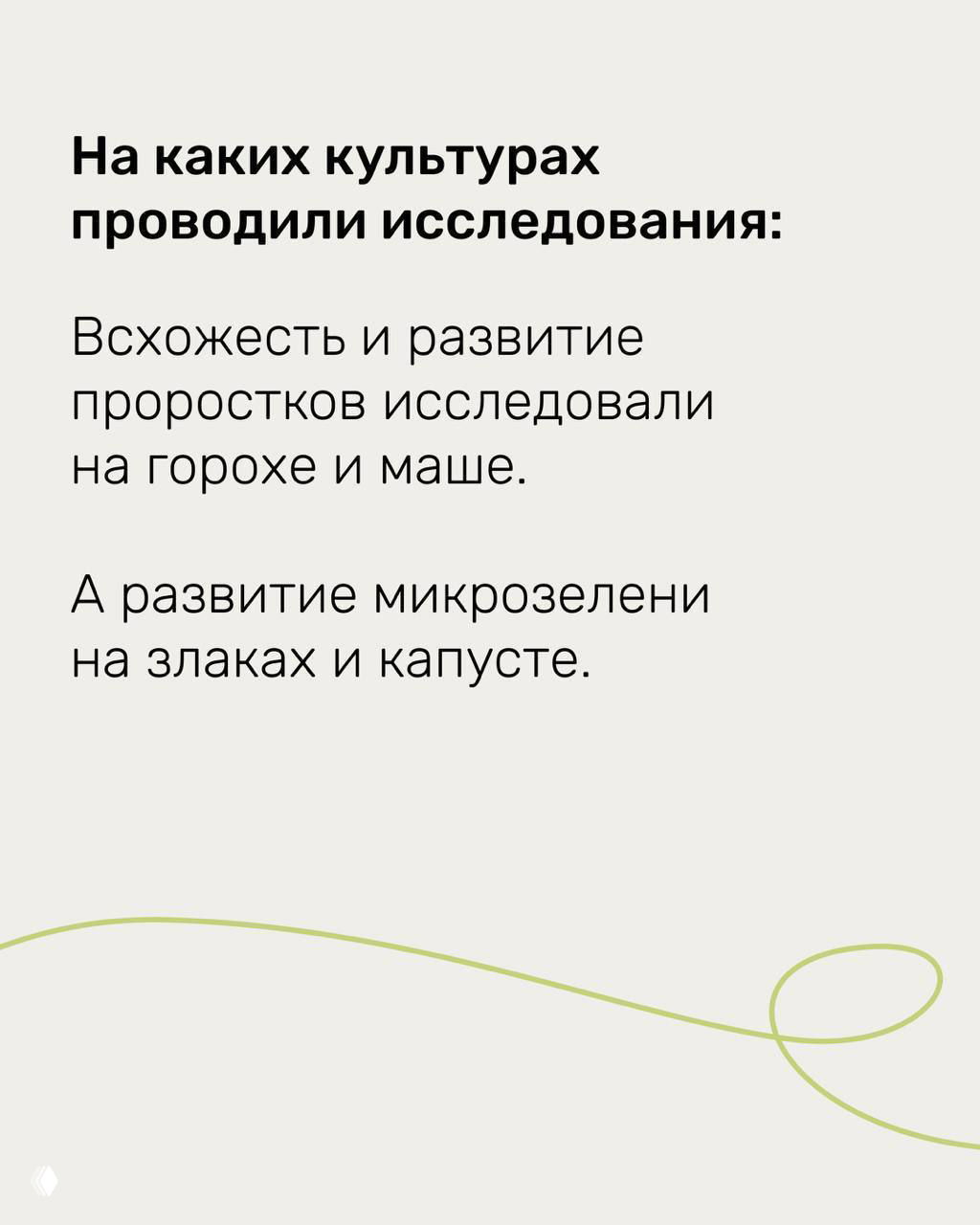 Инфографика и текстовый слайд: на каких культурах проводили исследования — упоминание гороха, маша, злаков и капусты на светлом фоне.