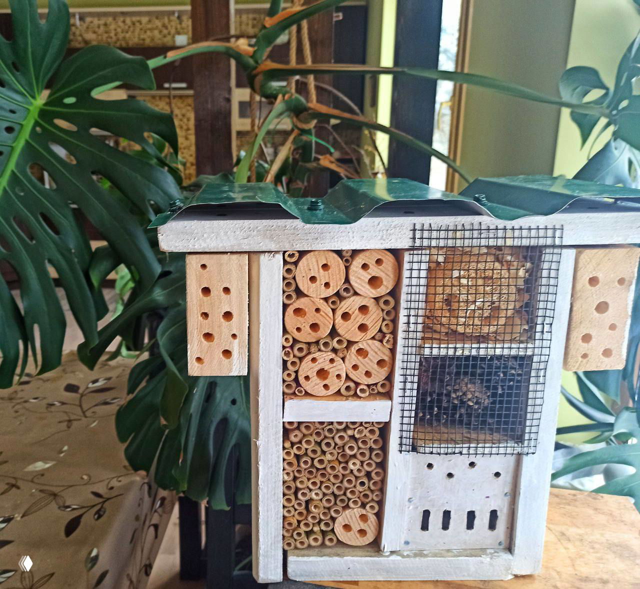 Крупный план фасада домика для насекомых: множество полых трубочек, круглых срезов и сетчатые окошки в белой деревянной раме на фоне листьев.