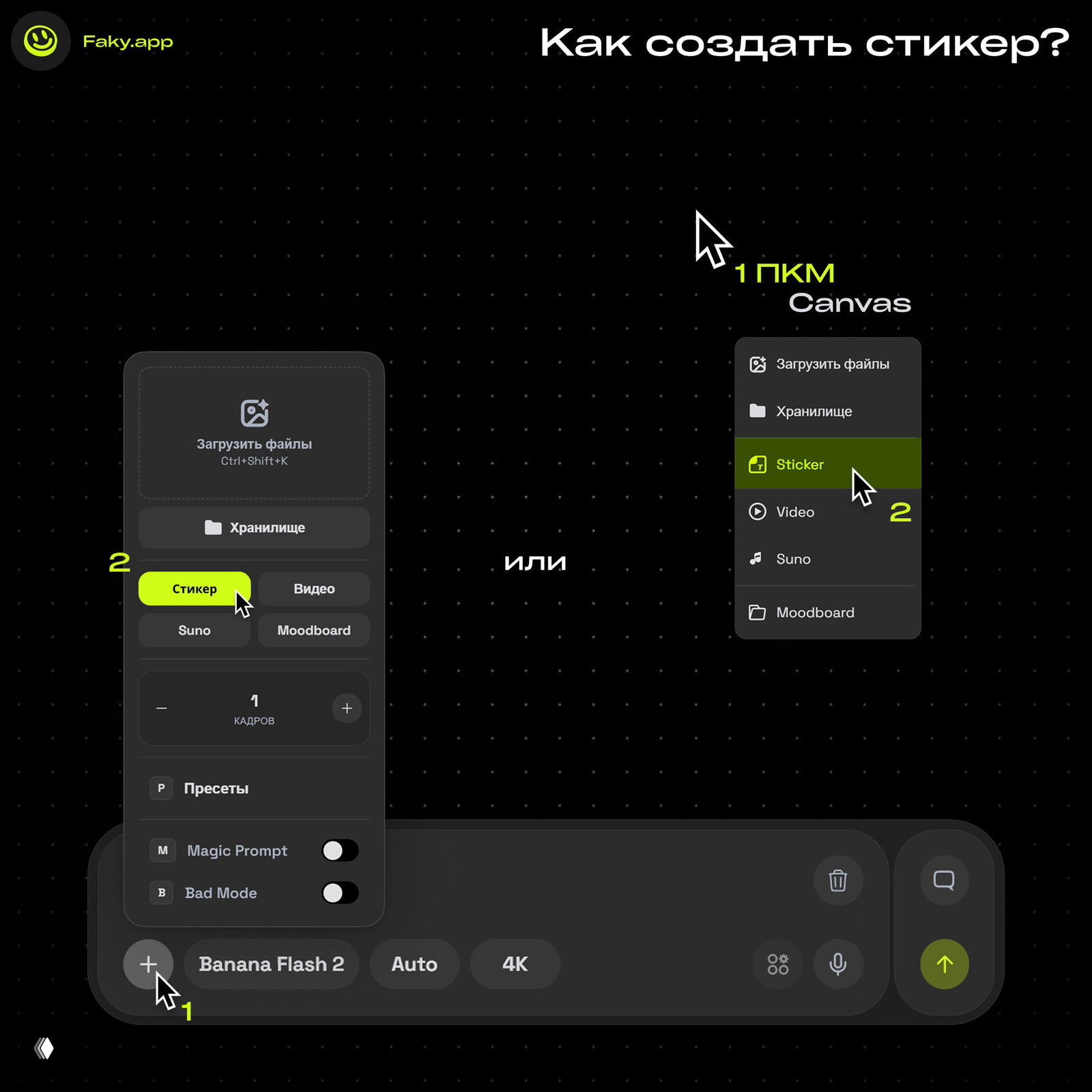 Превью процесса создания стикера: меню Canvas с выделенным пунктом Sticker, панель управления снизу и указатели действий на тёмном фоне.