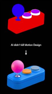 Стилизованные 3D-формы и джойстик на чёрном фоне с надписью «AI didn't kill Motion Design», иллюстрация упрощения 3D-визуала через AI