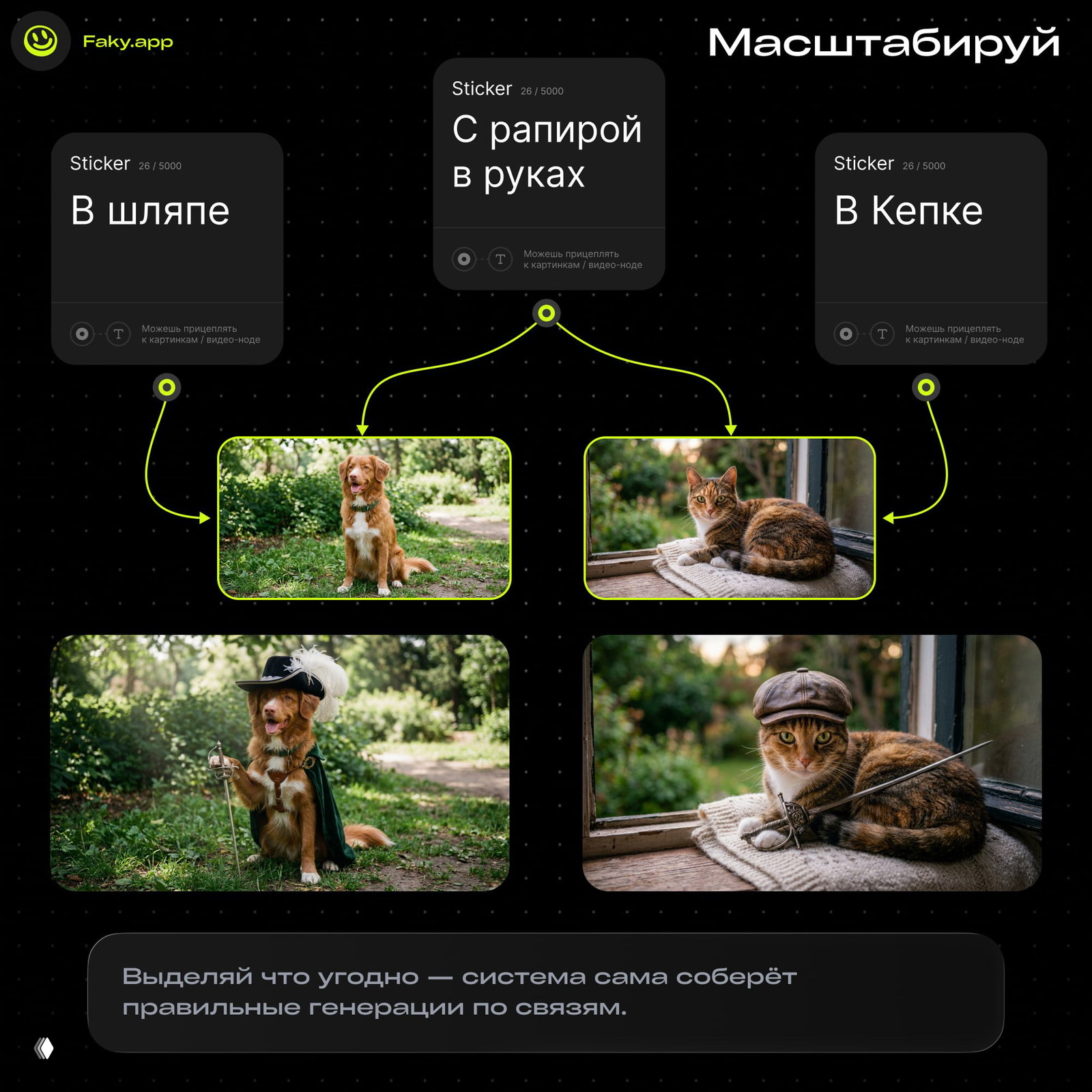Схема связей в Faky: несколько стикеров с коннекторами, примеры изображений собаки и кошки и итоговые варианты генераций внизу.