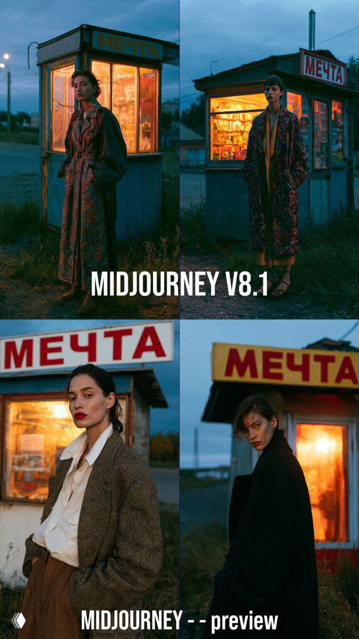 Коллаж с женскими портретами у киоска «МЕЧТА»: атмосферная сцена в сумерках, теплое освещение и городской фон; сравнение Midjourney V8.1 и --preview.