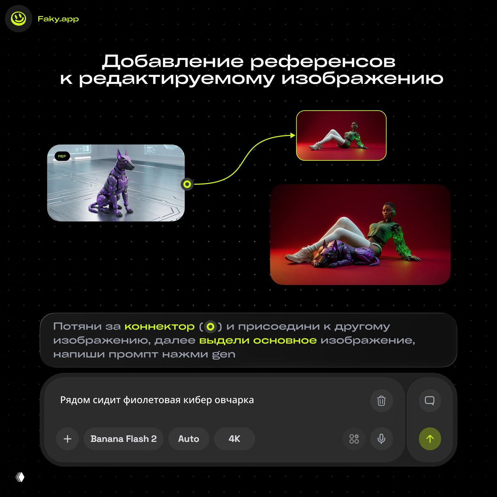 Схема добавления референсов: фиолетовая кибер‑овчарка как референс и стрелка-коннектор, ведущая к основному изображению с кибер‑девушкой.