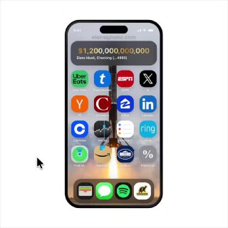 Скриншот интерактивного виртуального iPhone с домашним экраном, набором иконок приложений и цифровой карточкой баланса $1,200,000,000,000 на сайте elonsiphone.com