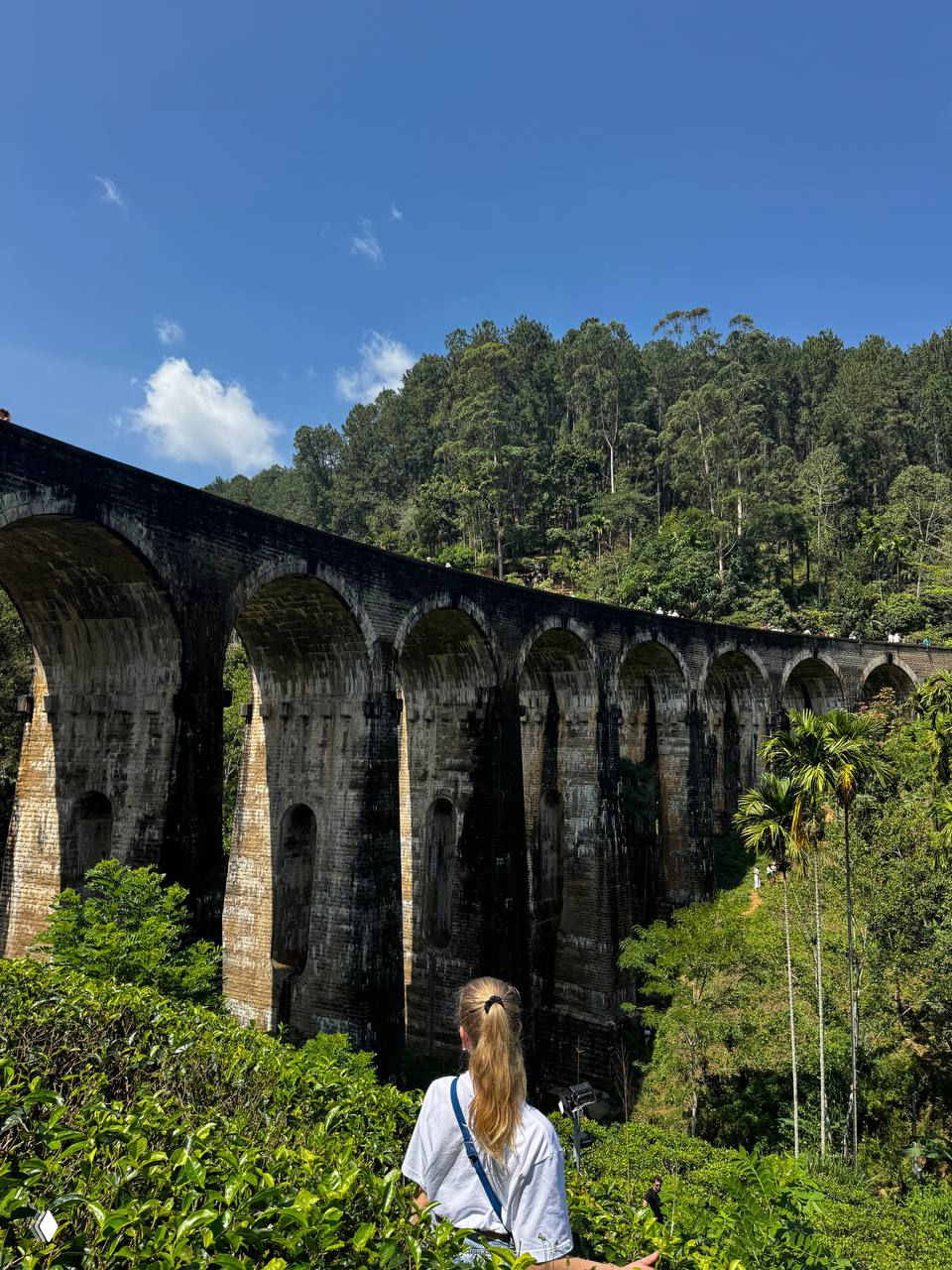 Девятиарочный мост (Nine Arches Bridge) в окружении зелёных холмов, туристы на смотровой площадке и автор сзади смотрит в сторону моста.