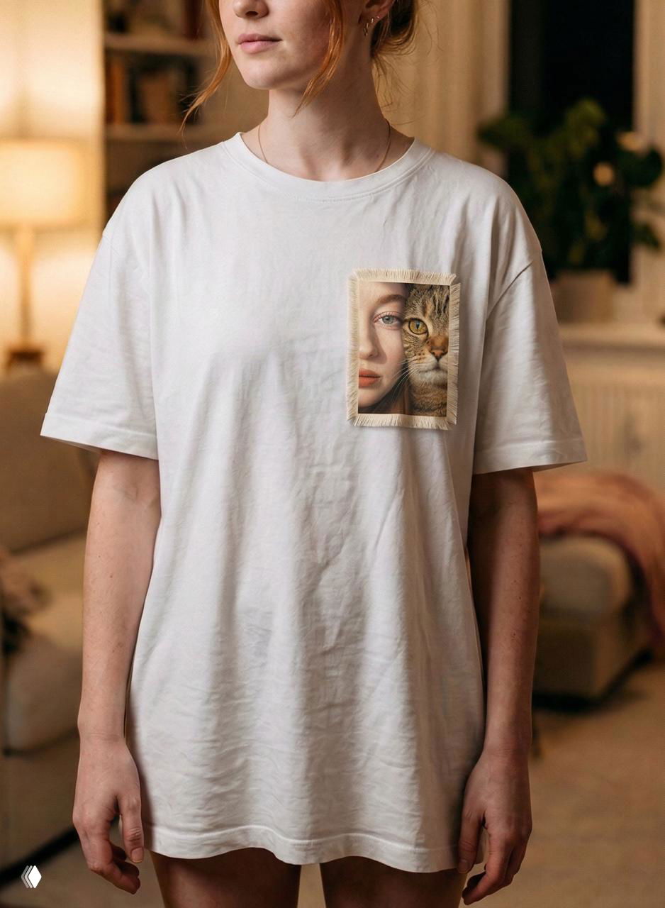 Фронтальный план белой футболки с одним крупным патчем на груди — наполовину портрет человека, наполовину кошачья мордочка, на фоне гостиной.