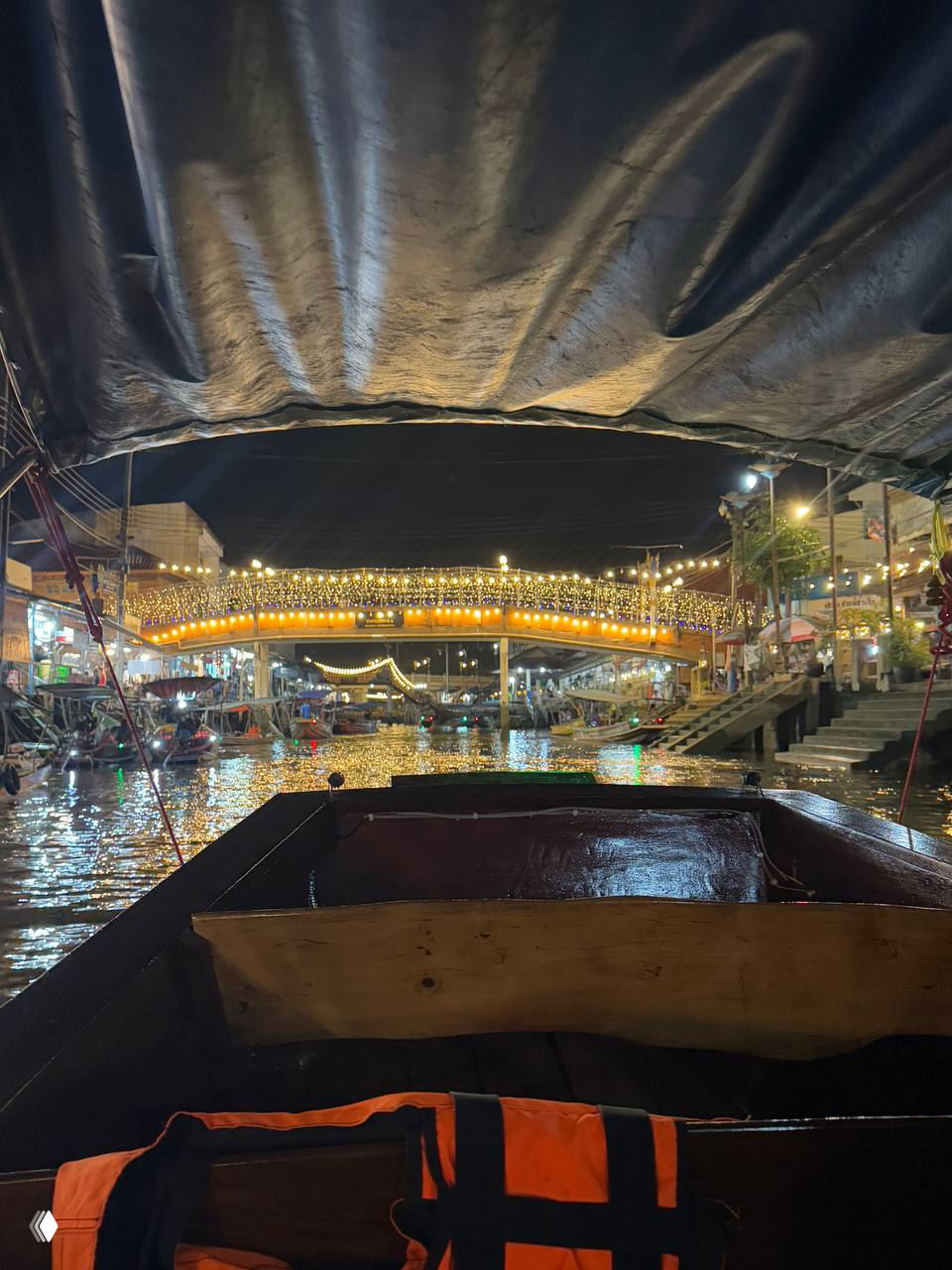 Вид из лодки вечером на украшенный огнями мост и прибрежные заведения на плавучем рынке, отражения в воде и спасательный жилет в лодке. Фото автора.