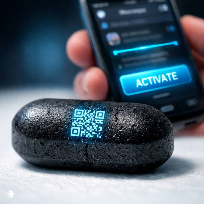 Крупный план таблетки угля с микро-QR-кодом на поверхности и смартфон на заднем фоне с интерфейсом активации и кнопкой «Activate», иллюстрация концепции цифровой активации.