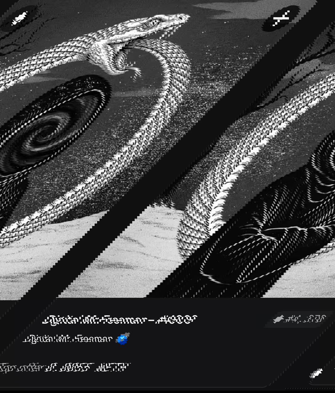 Чёрно‑белая иллюстрация Mr.Freeman с орнаментом и змей, показана карточка лота с отметкой топ‑офера на маркетплейсе.