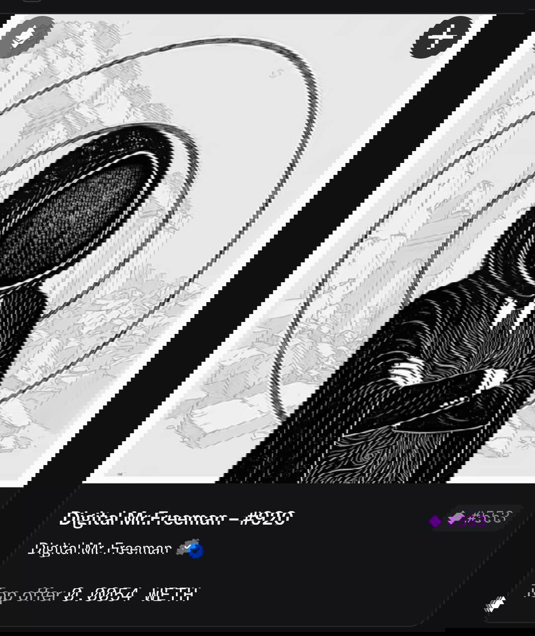 Чёрно‑белая картинка Mr.Freeman в плаще и галстуке, маркетплейс‑карточка с идентификатором и ценовым индикатором.