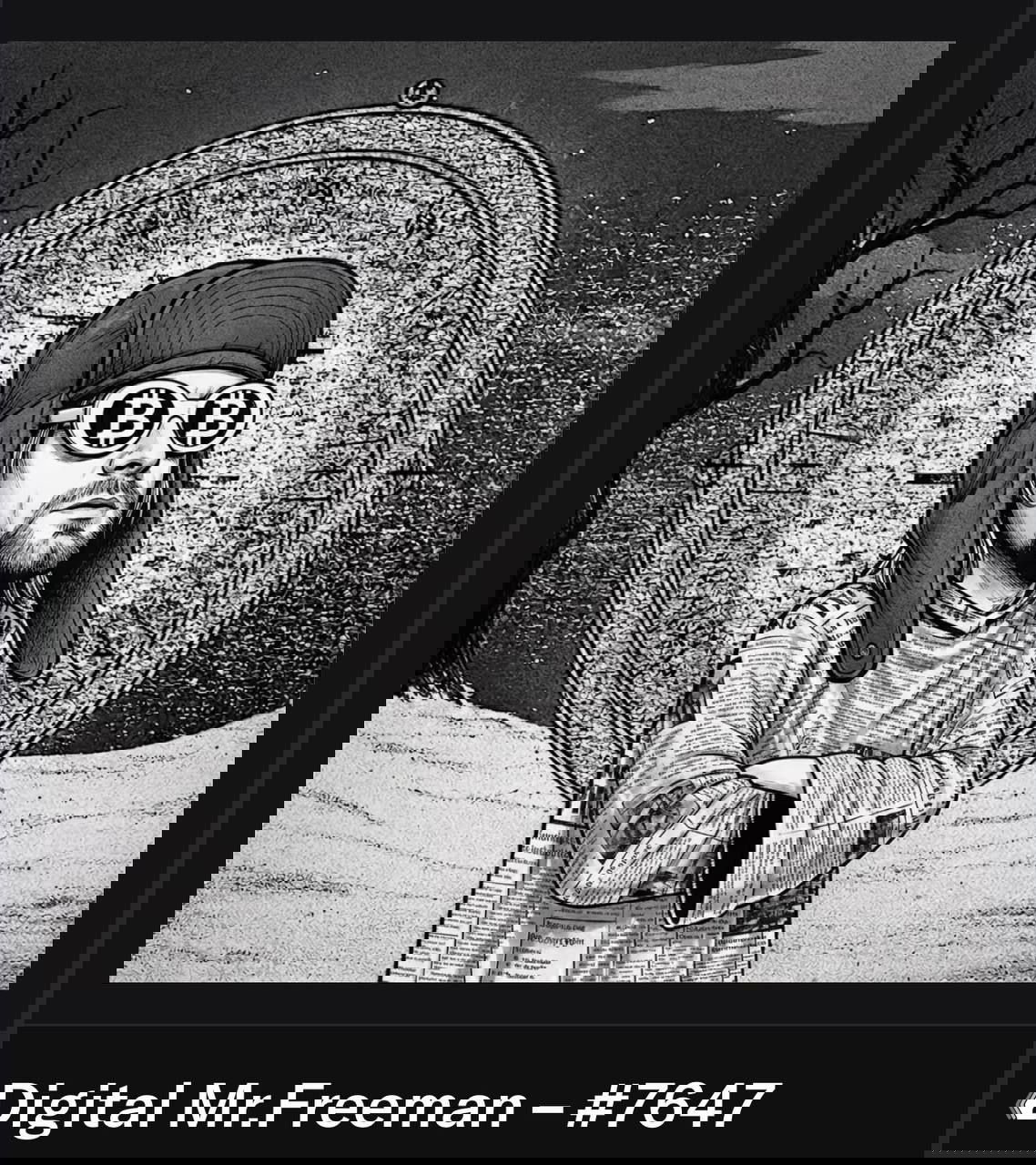 Чёрно‑белая иллюстрация NFT Digital Mr.Freeman №7647: фигура в газетном плаще на фоне гигантских часов и пустого заснеженного пейзажа.