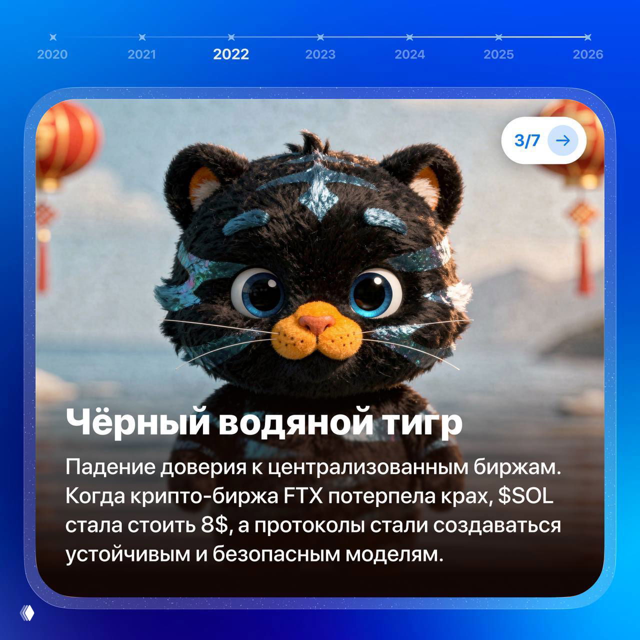 Чёрный персонаж‑тигр в стиле иллюстрации с большими глазами; карточка с текстом о падении доверия к централизованным биржам.