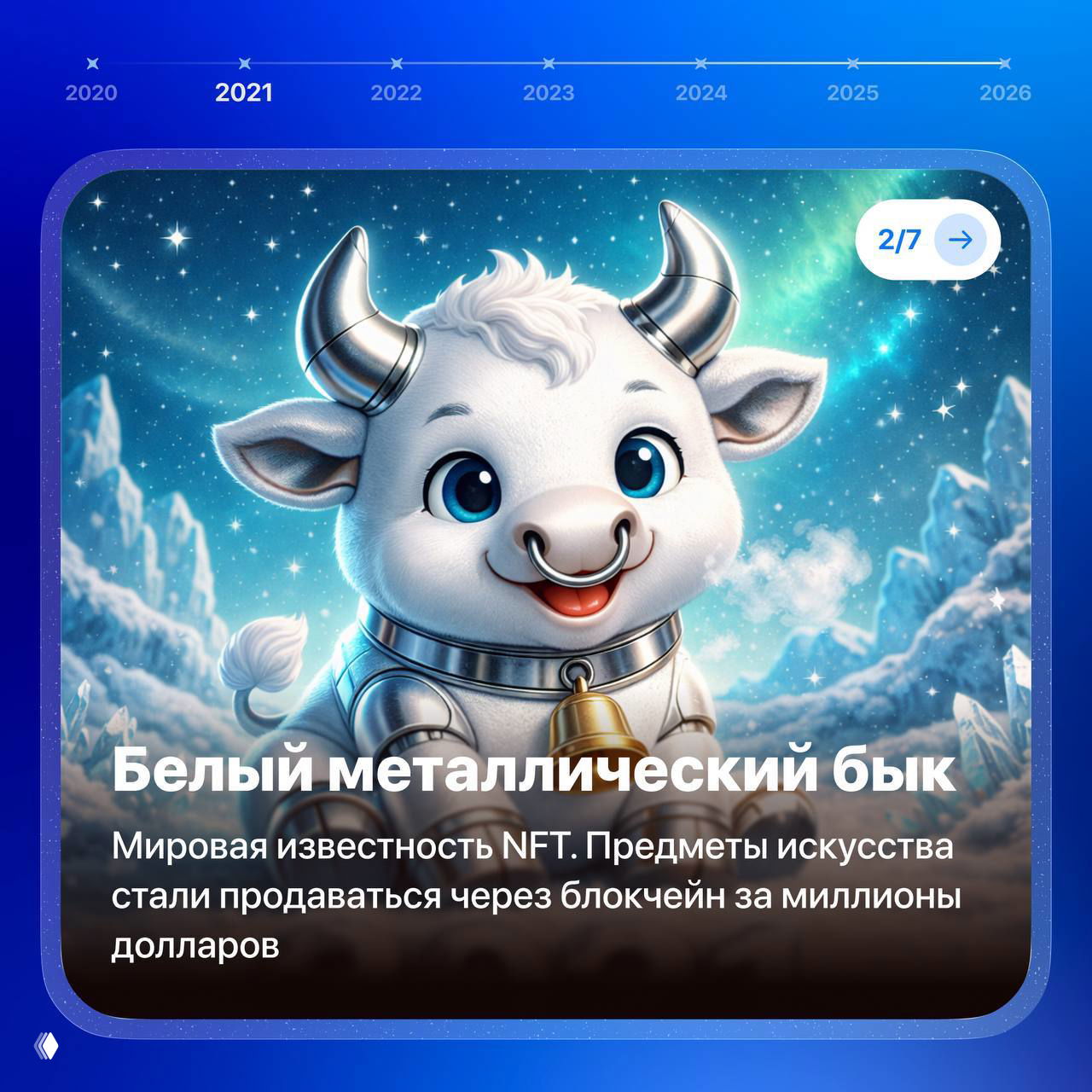 Карточка 2021 года с улыбающимся белым быком в стиле иллюстрации; подпись о мировой известности NFT и продажах искусства через блокчейн.