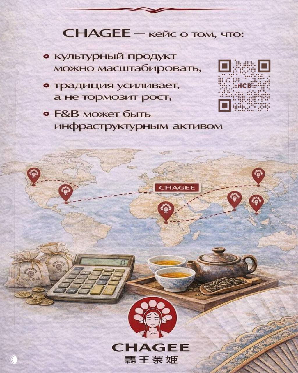 Финальный слайд‑итог: тезисы — культурный продукт масштабируется, традиция усиливает рост, F&amp;B как инфраструктурный актив; изображение карты и калькулятора.