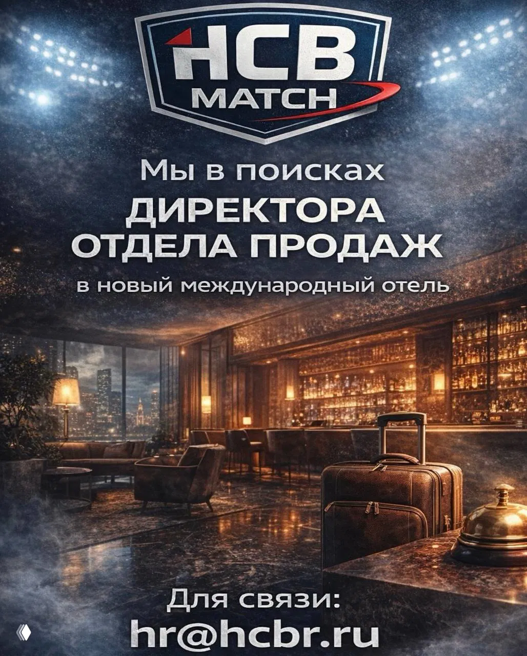 Постер HCB Match на фоне роскошного отельного лобби: логотип, надпись о поиске директора отдела продаж и контакт hr@hcbr.ru