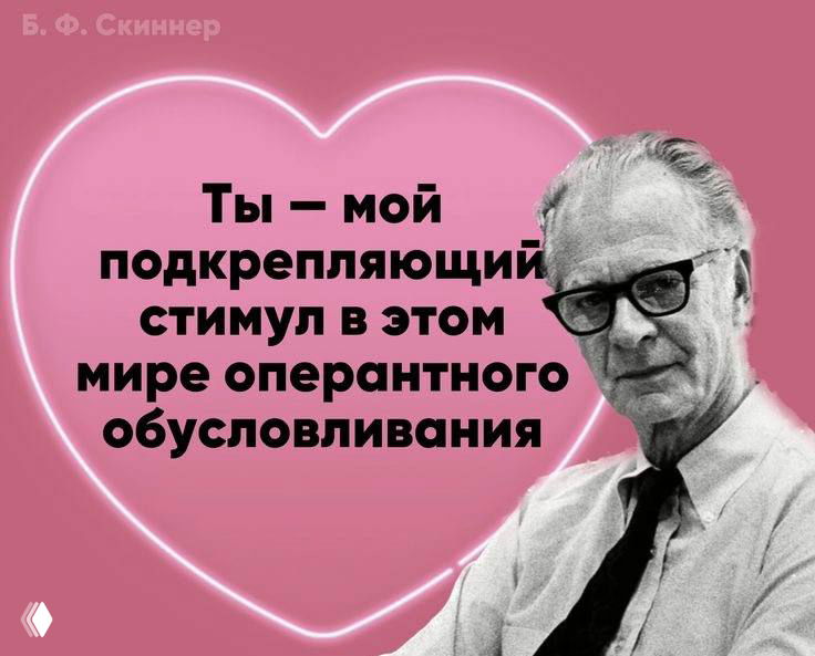 Розовая валентинка с портретом мужчины в очках и фразой о подкрепляющем стимуле и оперантном обусловливании на сердце.