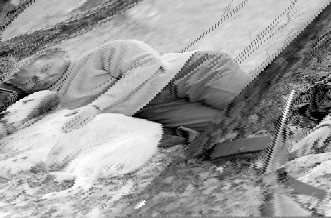 Чёрно‑белый кадр из фильма «Белый Бим, черное ухо»: мужчина лежит под деревом и прижимает собаку, трогательная сцена на природе.