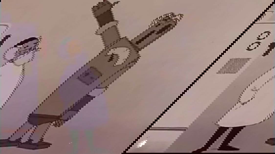 Сцена из мультфильма «Ключ» (1961): робот-стихоплет поднимает руку рядом с улыбающимся человеком в белом халате — характерная стилизация советской анимации.