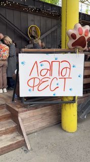 Табличка с надписью «ЛапаФест» у входа на фестиваль: большая декоративная лапа рядом, деревянные ступени и посетители на заднем плане
