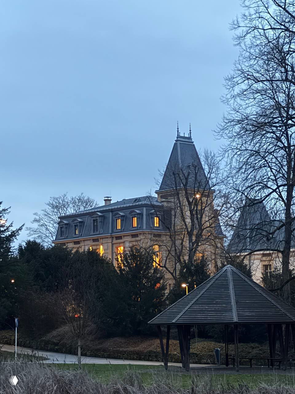 Каменное здание с высокой башней и мансардной кровлей, тёплые огни в окнах создают уютный вечерний вид в городской зелёной зоне.