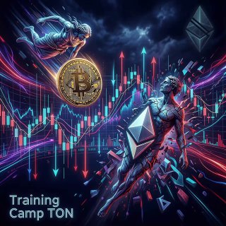 Иллюстрация: монета Bitcoin и символ Ethereum на фоне биржевого графика с восходящими и нисходящими стрелками и футуристическими фигурами, олицетворяющими движение капитала.