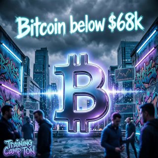 Неоновая иллюстрация с крупным знаком Bitcoin на городской улице и силуэтами людей на фоне, подчёркивающая падение цены ниже $68k.