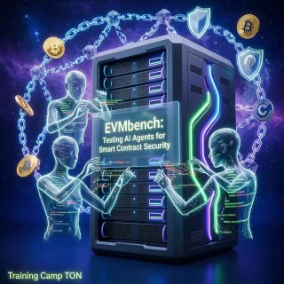 Стилизованное изображение серверной стойки с голографическими фигурами ИИ, окружённой цепочкой блоков и символами Bitcoin.