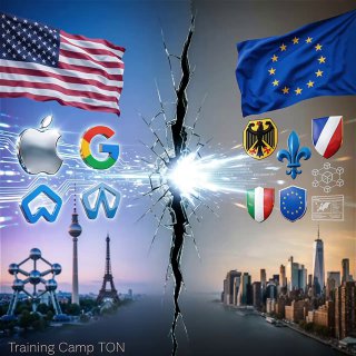 Коллаж: разрыв между флагами США и ЕС, логотипы крупных IT‑компаний (Apple, Google, Microsoft) на фоне силуэтов городов и европейских символов.