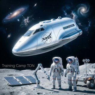 Концепт-арт: космический корабль с логотипом NASA на фоне звёзд; на переднем плане двое астронавтов на лунной поверхности и солнечные панели.