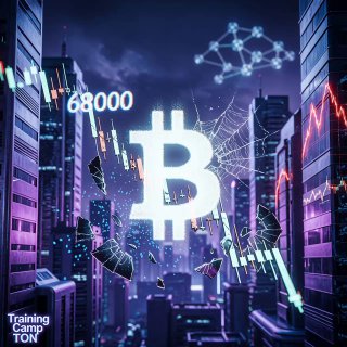 Иллюстрация: яркий символ биткоина на фоне ночного города, разбитое стекло, падающие ценовые графики и крупная отметка $68 000, отражающая панику рынка.