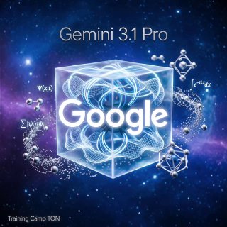 Изображение: светящийся куб с логотипом Google и надписью «Gemini 3.1 Pro» на космическом фоне с научными схемами и формулами.
