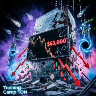 Иллюстрация падения крипторынка: разбитый торговый экран с ценой $63,000, летящие значки Bitcoin, красные стрелки вниз и обломки на фоне.