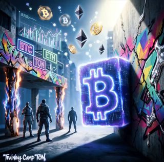 Иллюстрация криптовалютной сцены в стиле стрит-арт: неоновый символ Bitcoin на фоне торговых графиков, логотипы BTC, ETH, TON, силуэты людей и граффити.