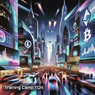 Неоновый футуристический пейзаж с символами Bitcoin и Ethereum, визуализация идеи AI‑агентов в криптоэкономике.