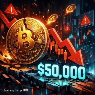 Картинка: золотой логотип Bitcoin на фоне биржевых графиков, падающая красная стрелка и крупная пометка $50 000, иллюстрация риска падения курса