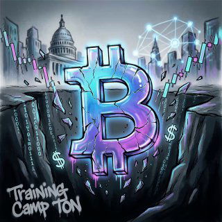 Иллюстрация: огромный символ Биткоина над пропастью, падающие графики и силуэт Капитолия, с логотипом Training Camp TON