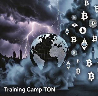 Глобус на фоне грозовых облаков и символы биткоина и эфира — образ влияния геополитики на крипторынок.