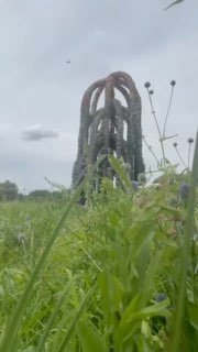 Ракурс снизу на крупную плетёную скульптуру из лозы на зелёном лугу — деталь композиции современного паркового искусства.