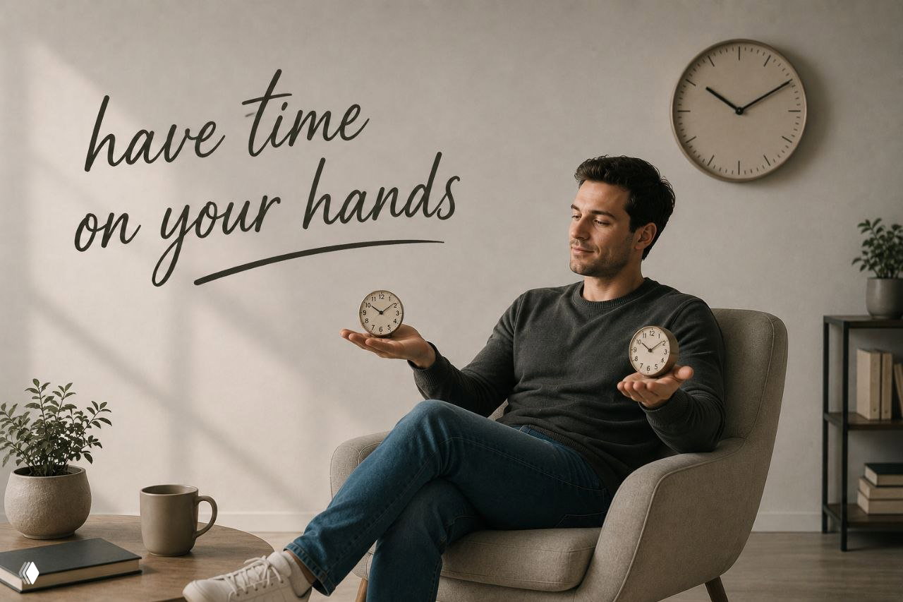 Мужчина в кресле держит два карманных часов в руках, на стене надпись «have time on your hands» — образ избытка свободного времени и расслабленности.