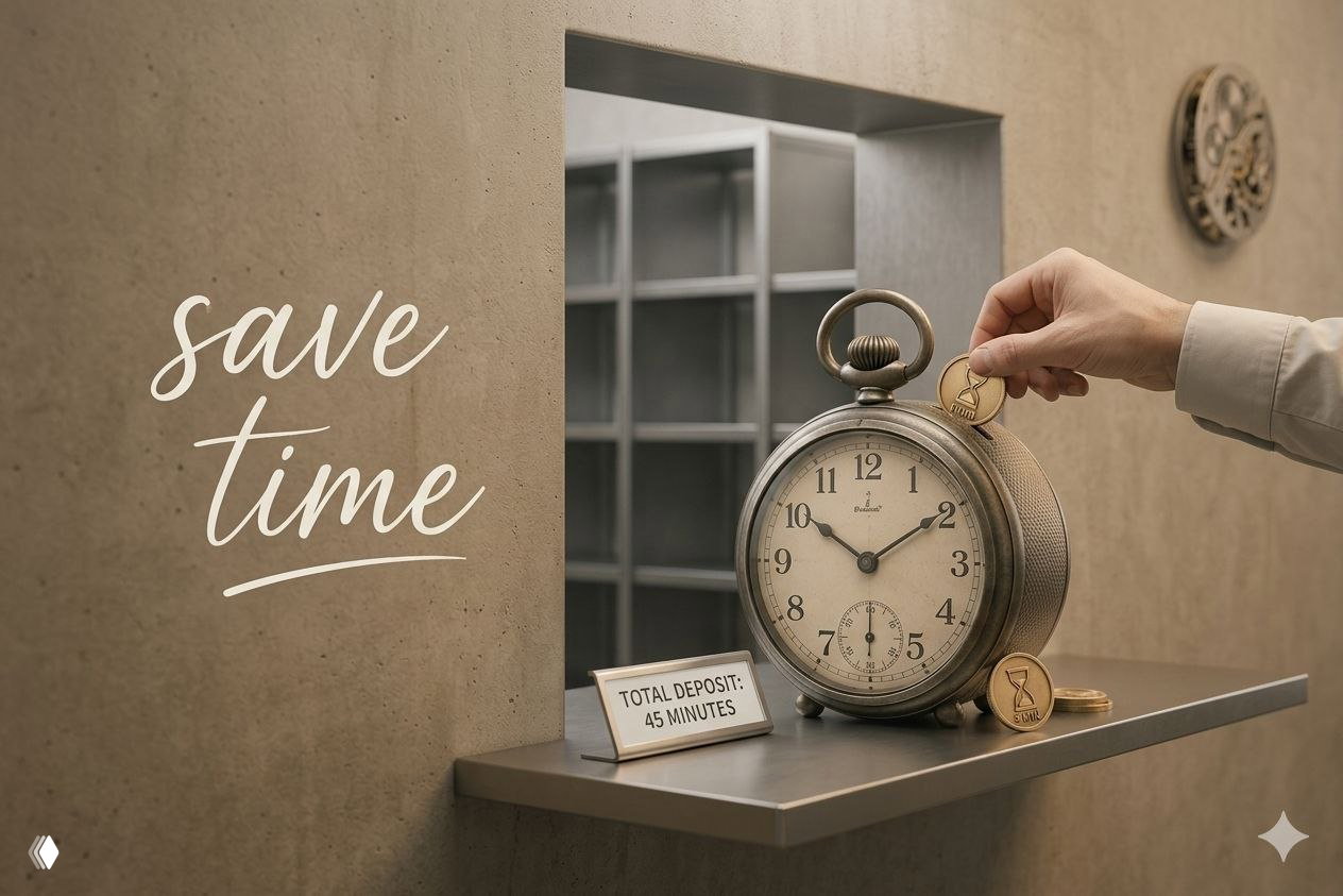 Старинные карманные часы на полке с монетой и табличкой «total deposit: 45 minutes», рядом надпись «save time» — образ экономии времени и оптимизации.