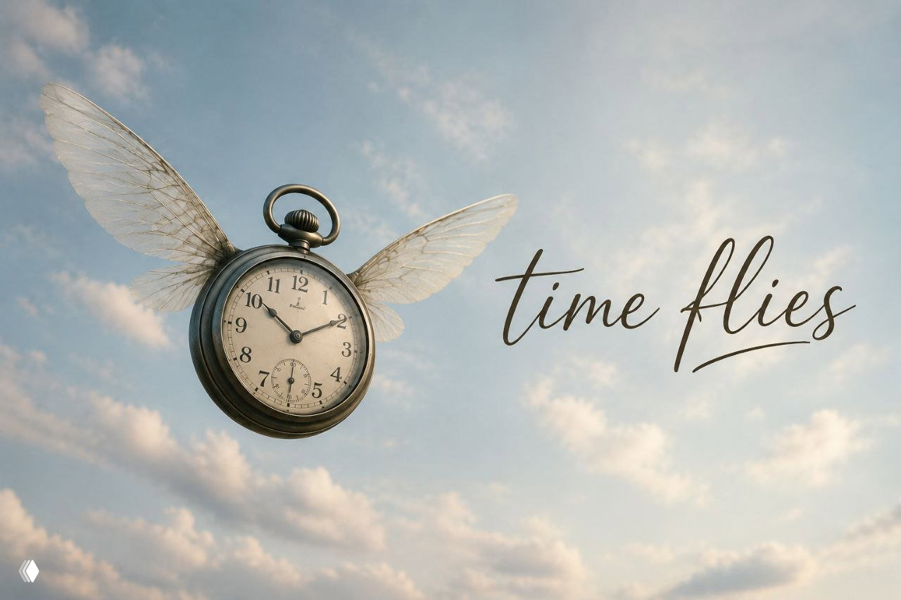 Старинный карманный часы с крыльями на фоне неба и надпись «time flies» — художественное изображение того, как быстро проходит время.